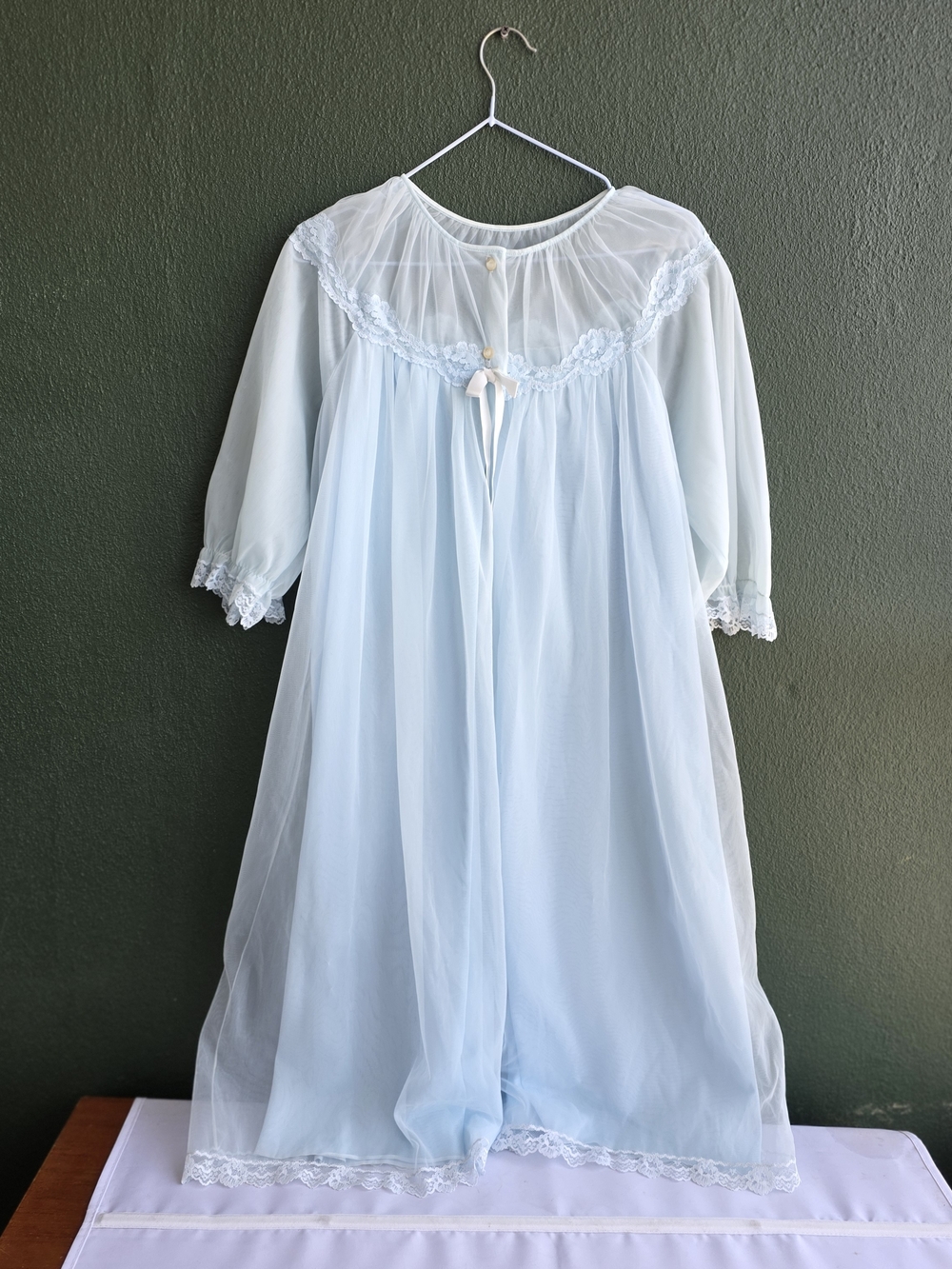 Vintage Light Blue Chiffon Nightgown with Lace Trim Cottagecore